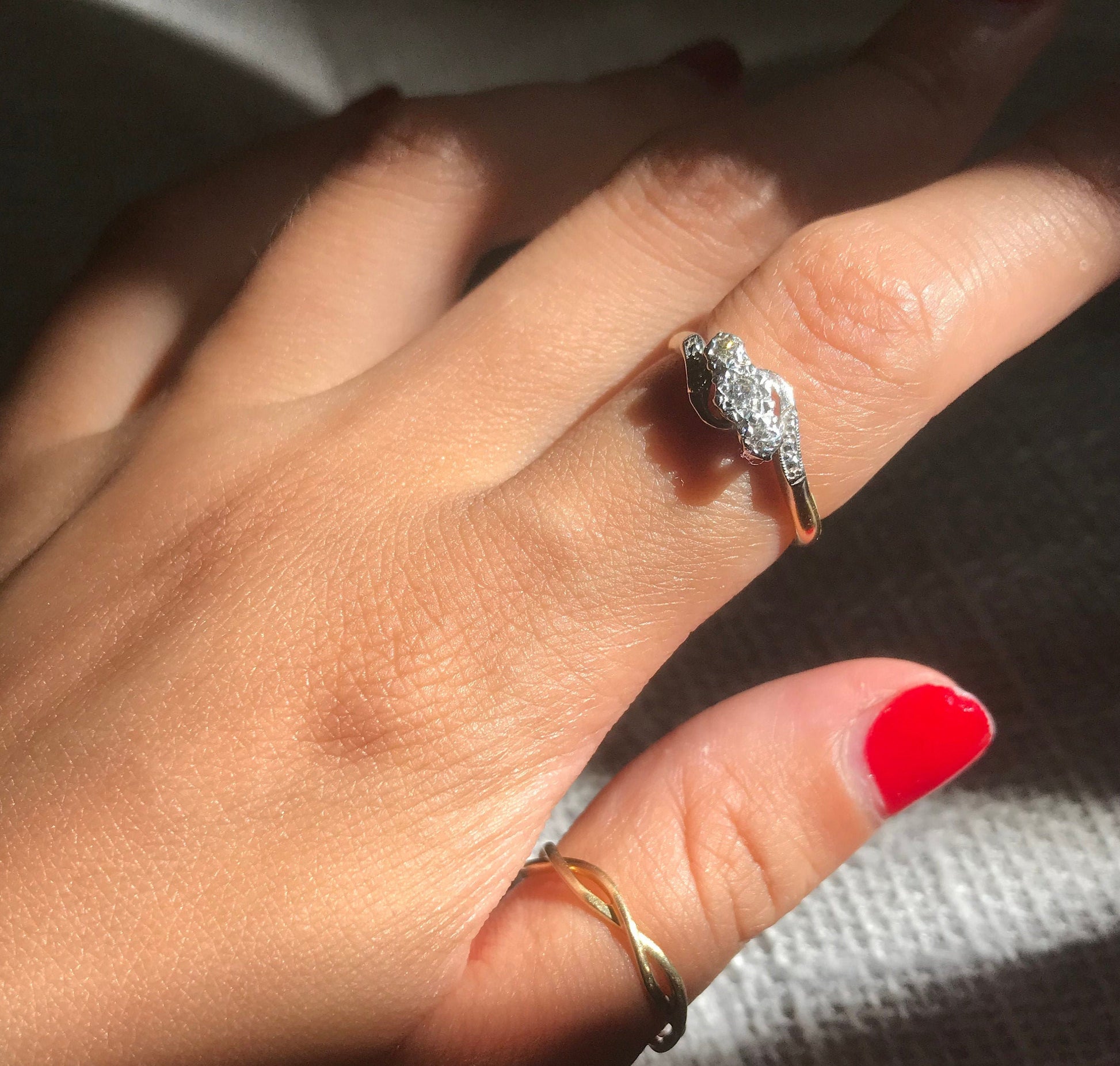 18k gold & platinum toi et moi 3 diamond bypass ring fine antique vintage jewelry