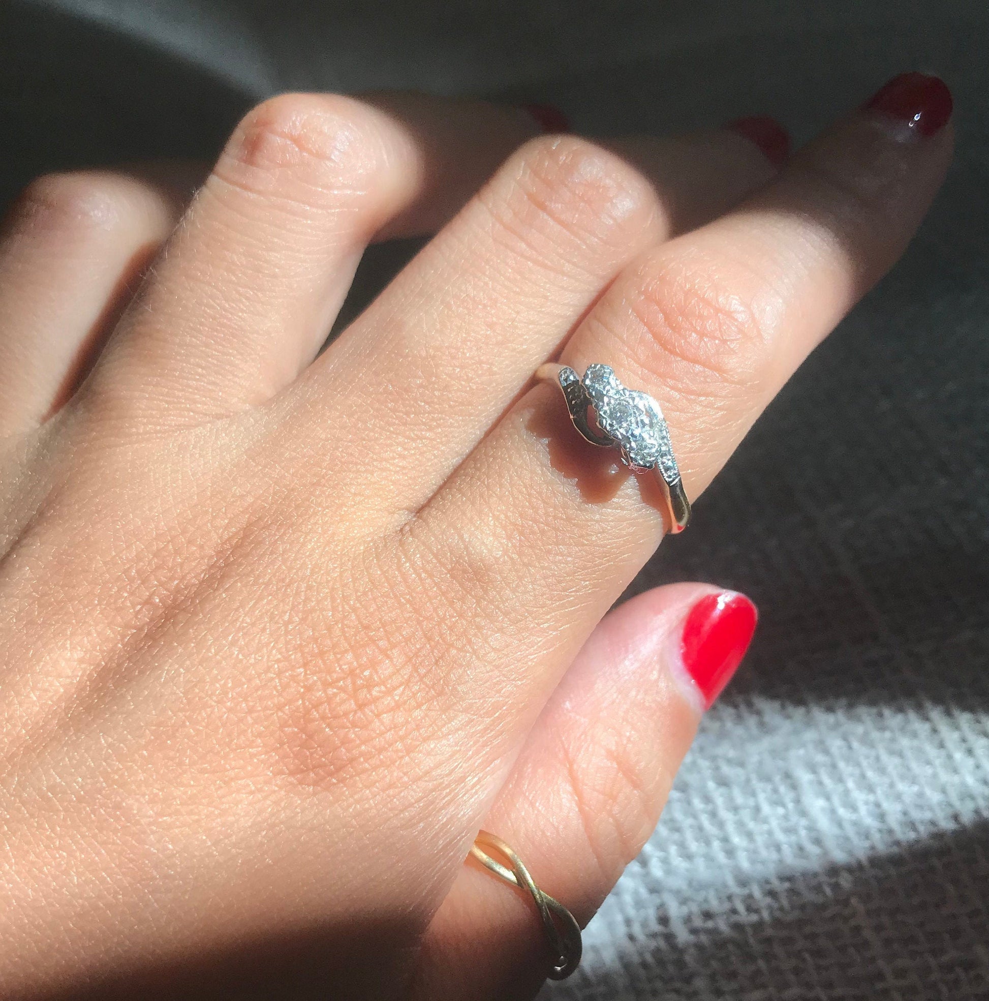 18k gold & platinum toi et moi 3 diamond bypass ring fine antique vintage jewelry