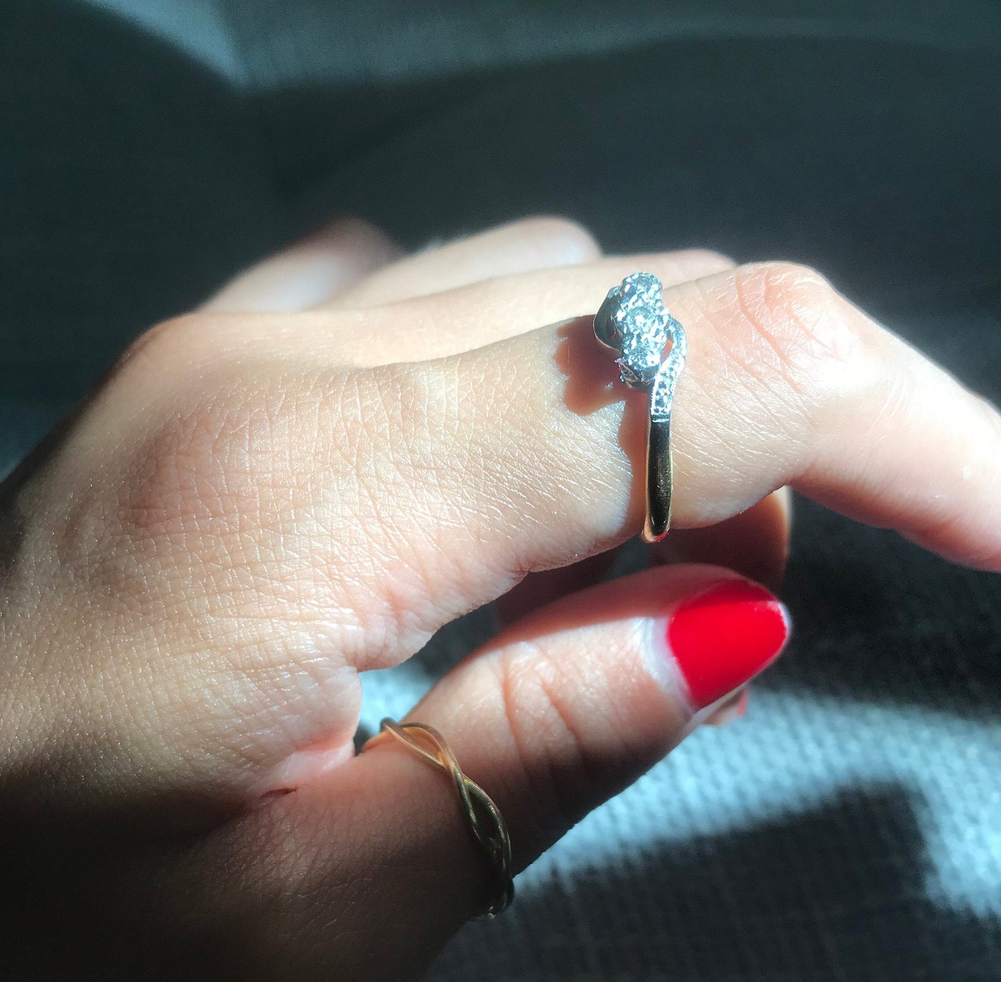 18k gold & platinum toi et moi 3 diamond bypass ring fine antique vintage jewelry