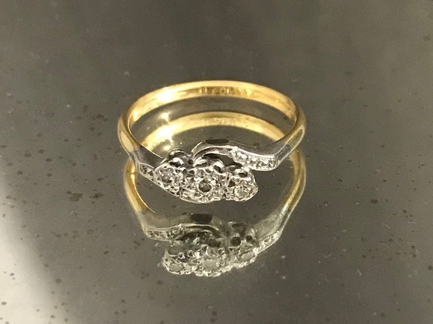 18k gold & platinum toi et moi 3 diamond bypass ring fine antique vintage jewelry