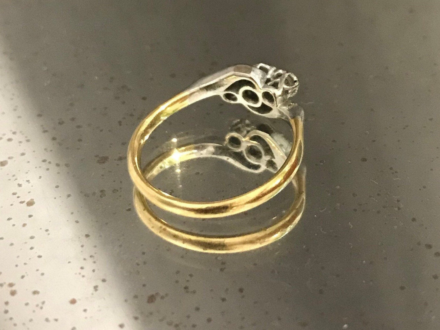 18k gold & platinum toi et moi 3 diamond bypass ring fine antique vintage jewelry