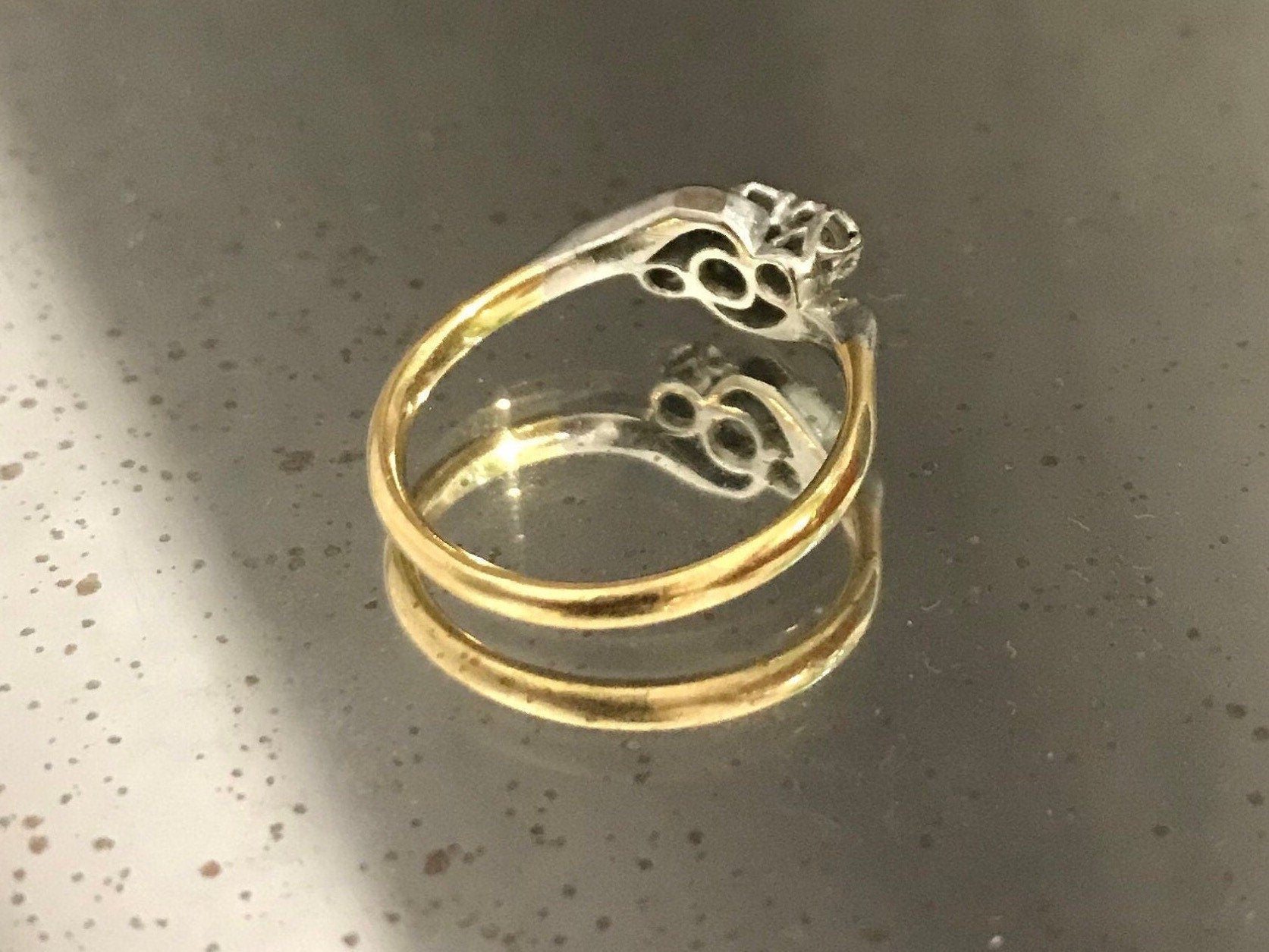 18k gold & platinum toi et moi 3 diamond bypass ring fine antique vintage jewelry