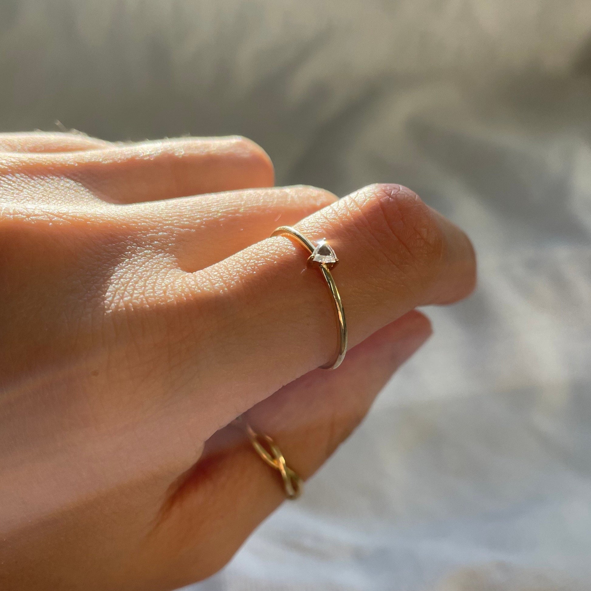 Genuine triangle cut diamond ring with 18k gold band stackable ring precious fine jewelry