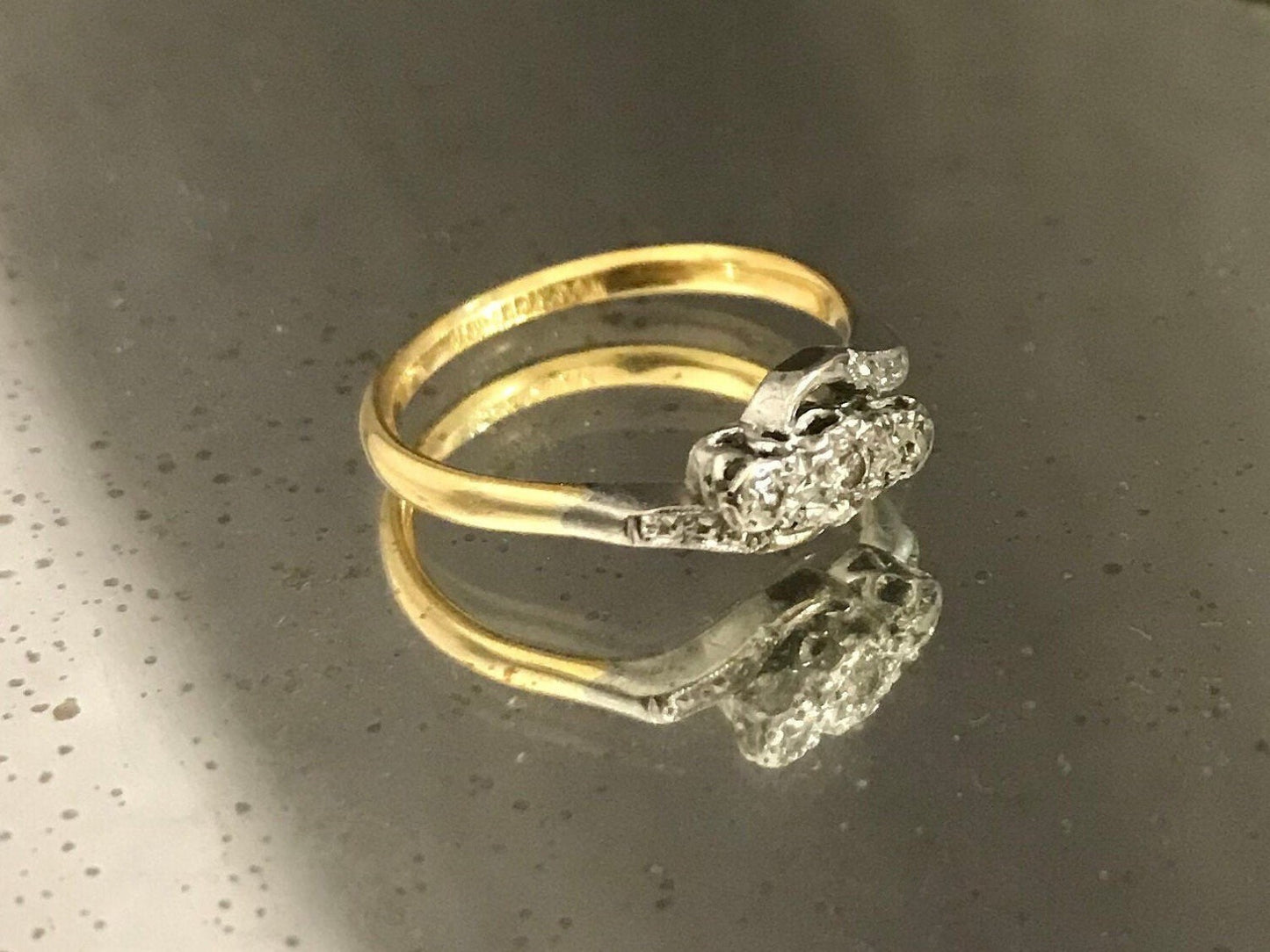 18k gold & platinum toi et moi 3 diamond bypass ring fine antique vintage jewelry