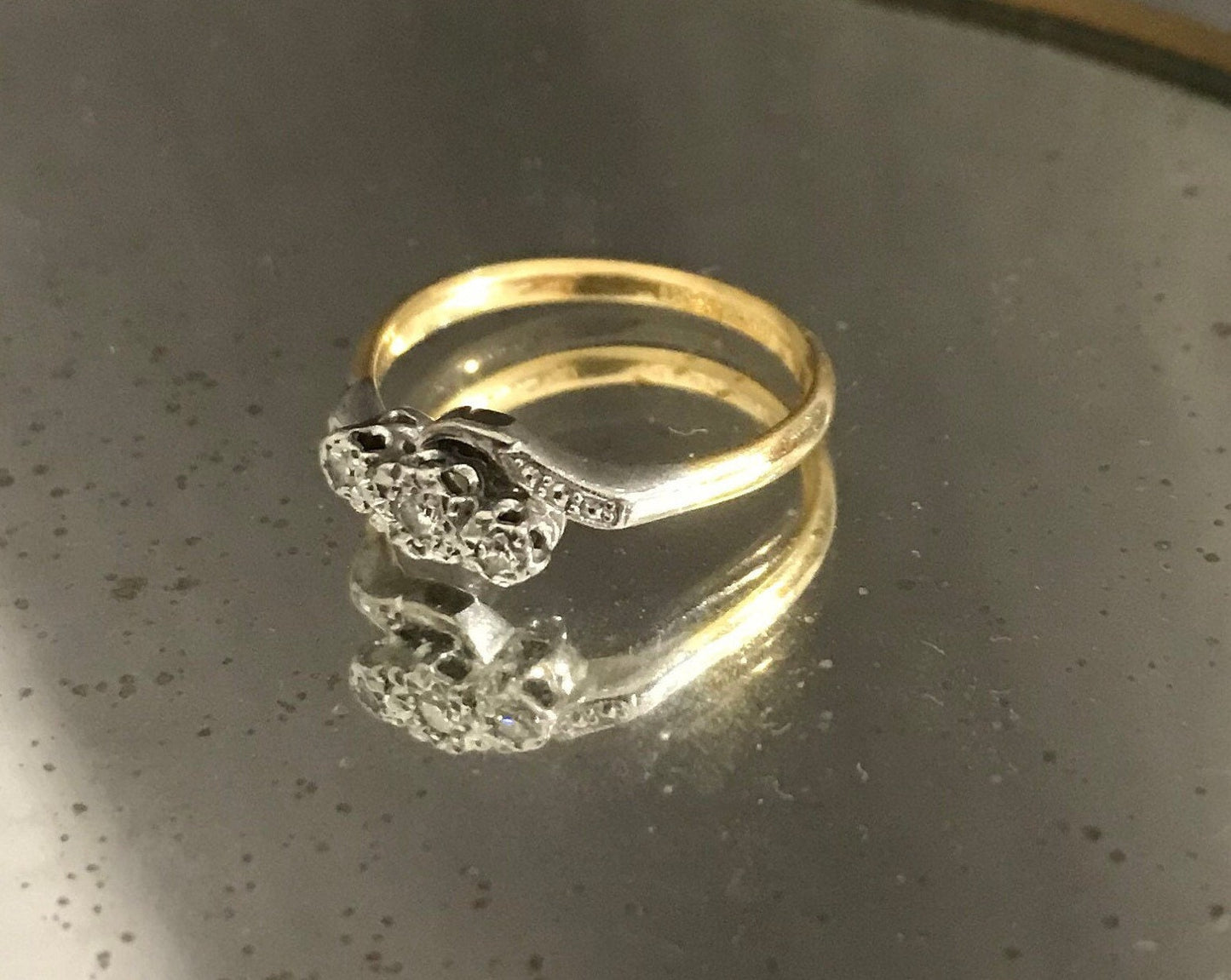 18k gold & platinum toi et moi 3 diamond bypass ring fine antique vintage jewelry