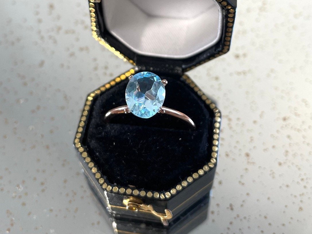 Genuine blue topaz ring with 10k rose gold band stackable ring precious fine jewelry