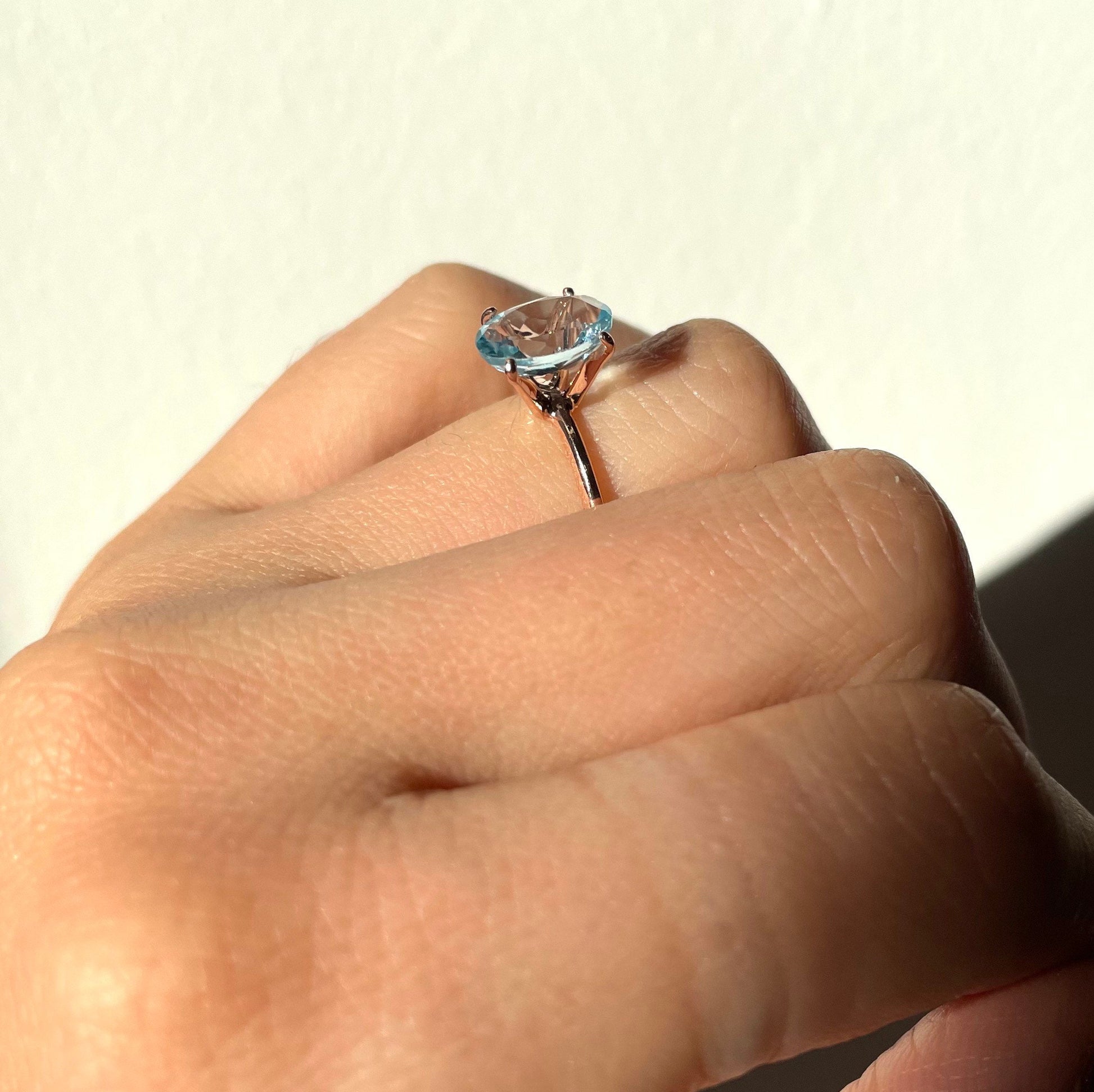 Genuine blue topaz ring with 10k rose gold band stackable ring precious fine jewelry