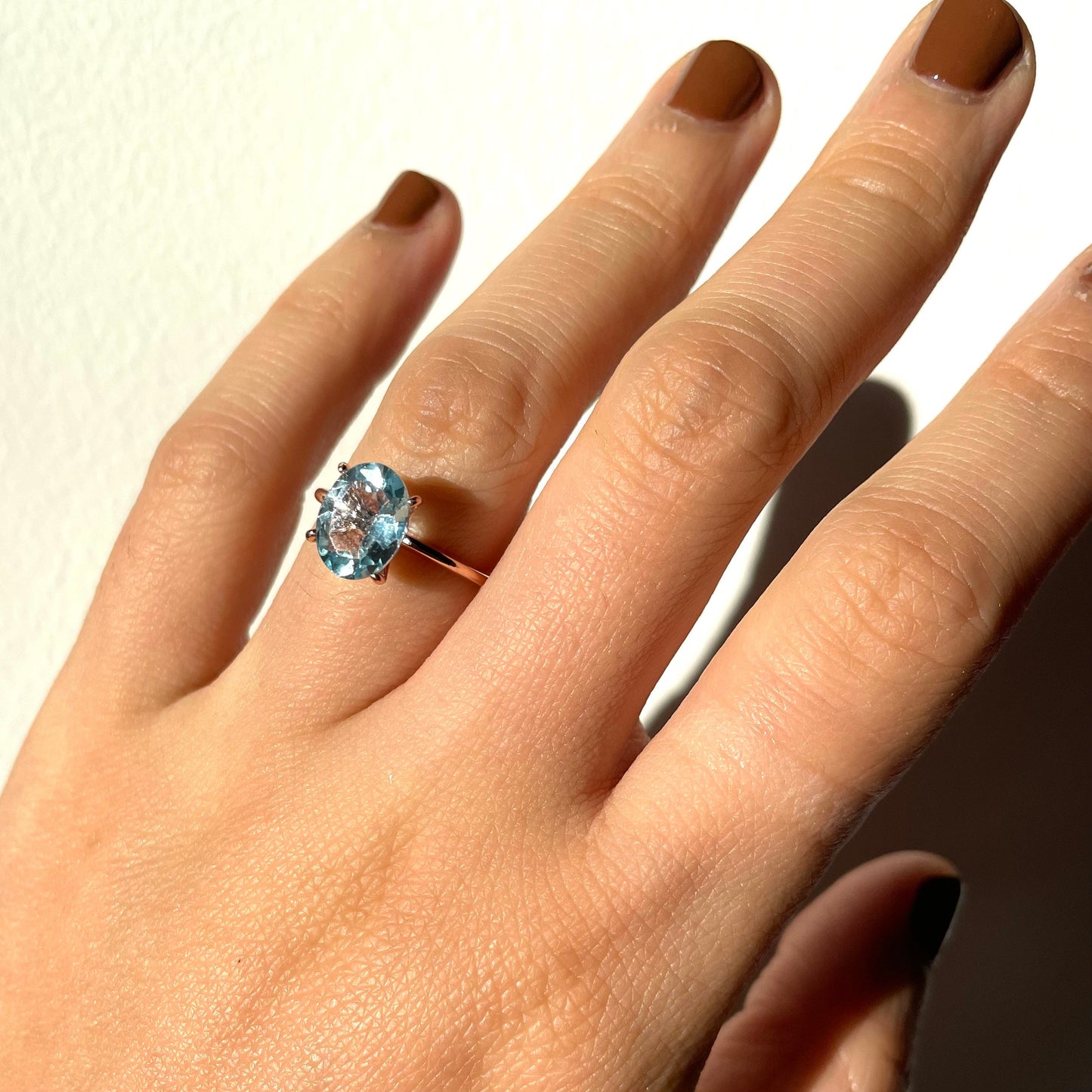 Genuine blue topaz ring with 10k rose gold band stackable ring precious fine jewelry