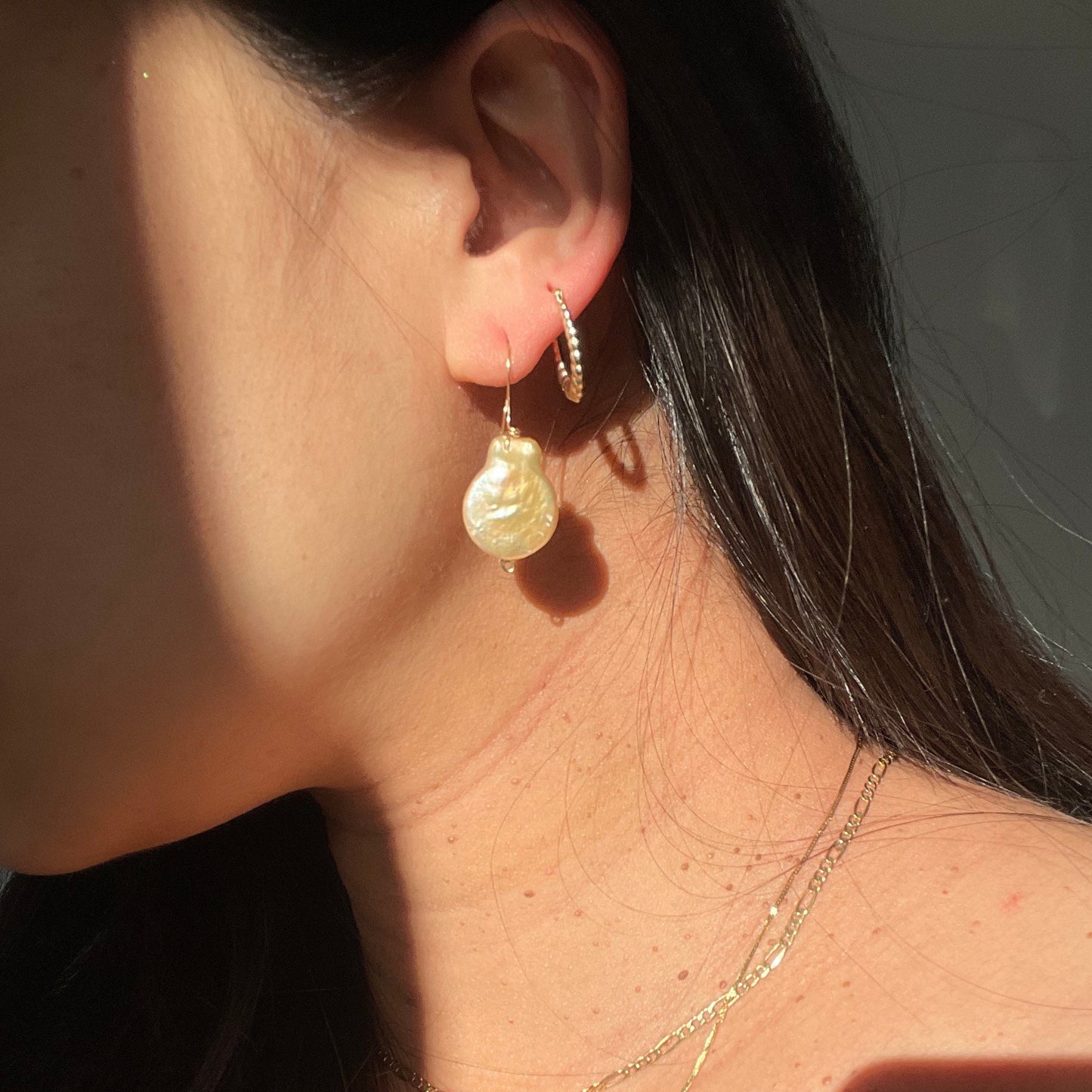 New Vera Baroque Pearl Drop Earrings – Elegant Gold Dangle Earrings with solid 14k gold hooks local artisans hand crafted