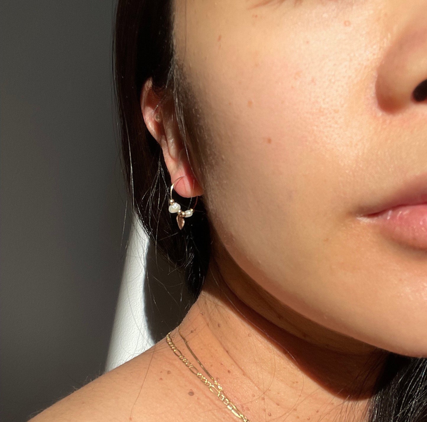 14k Gold Heart Hoop Earrings: Freshwater Pearl Charm Hoops