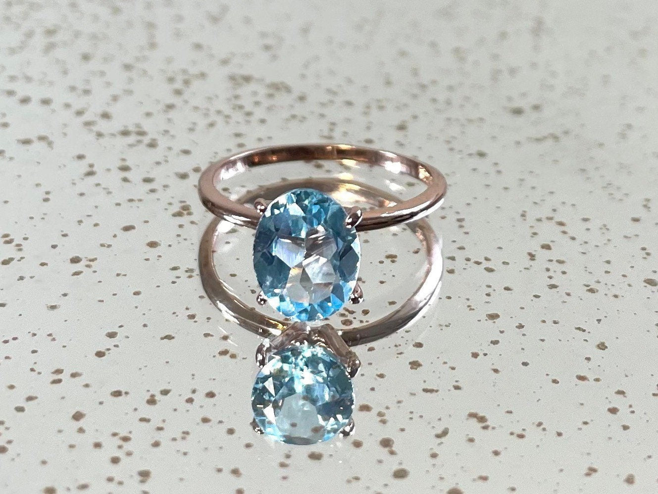Genuine blue topaz ring with 10k rose gold band stackable ring precious fine jewelry