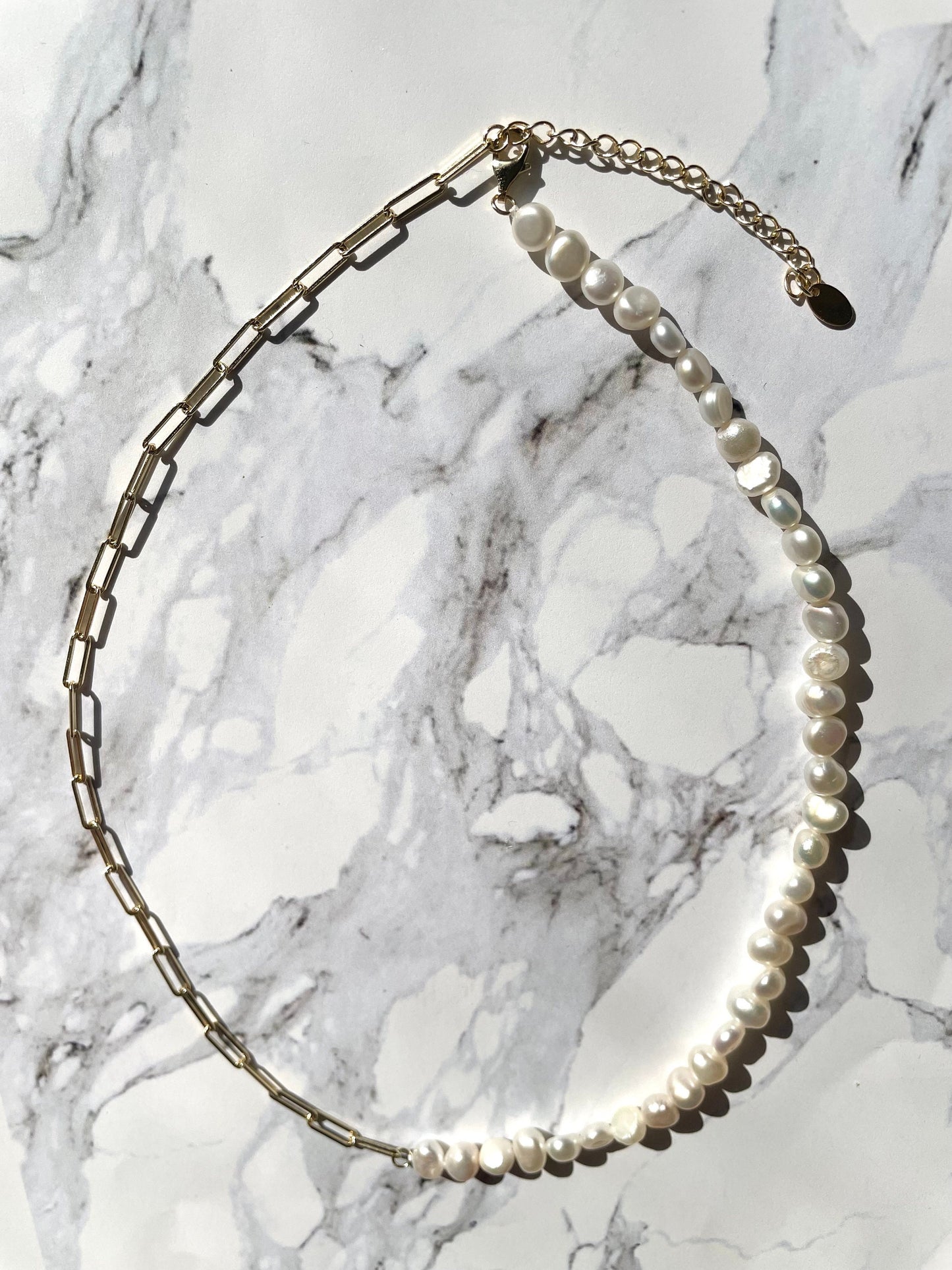 Freshwater Pearl Necklace: 14k Gold Plated Paperclip Chain, Adjustable Choker