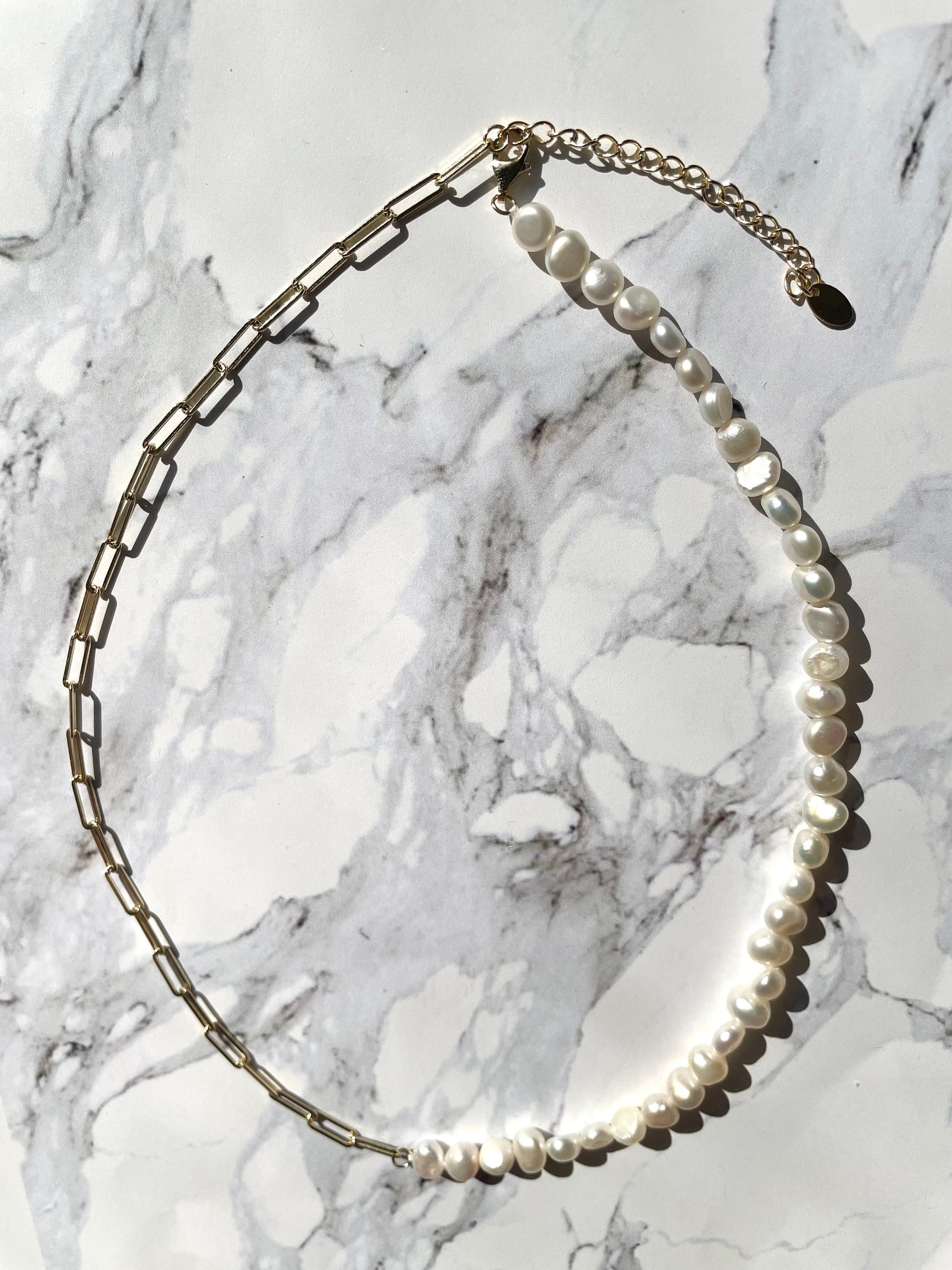 Freshwater Pearl Necklace: 14k Gold Plated Paperclip Chain, Adjustable Choker