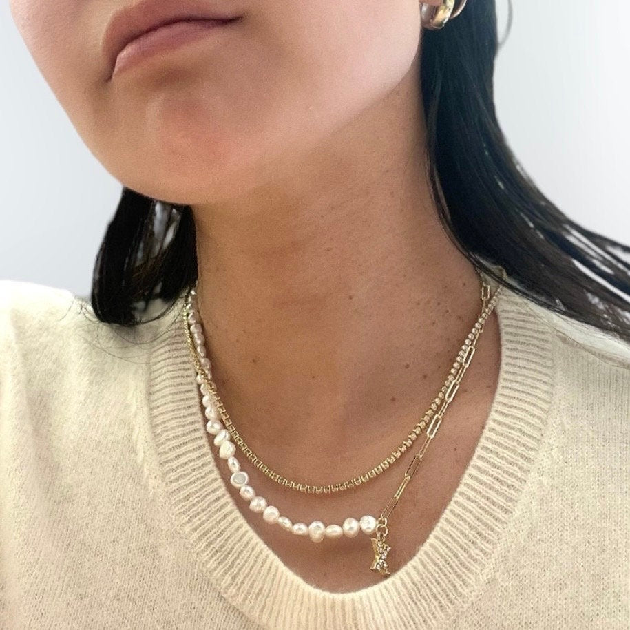 Freshwater Pearl Necklace: 14k Gold Plated Paperclip Chain, Adjustable Choker