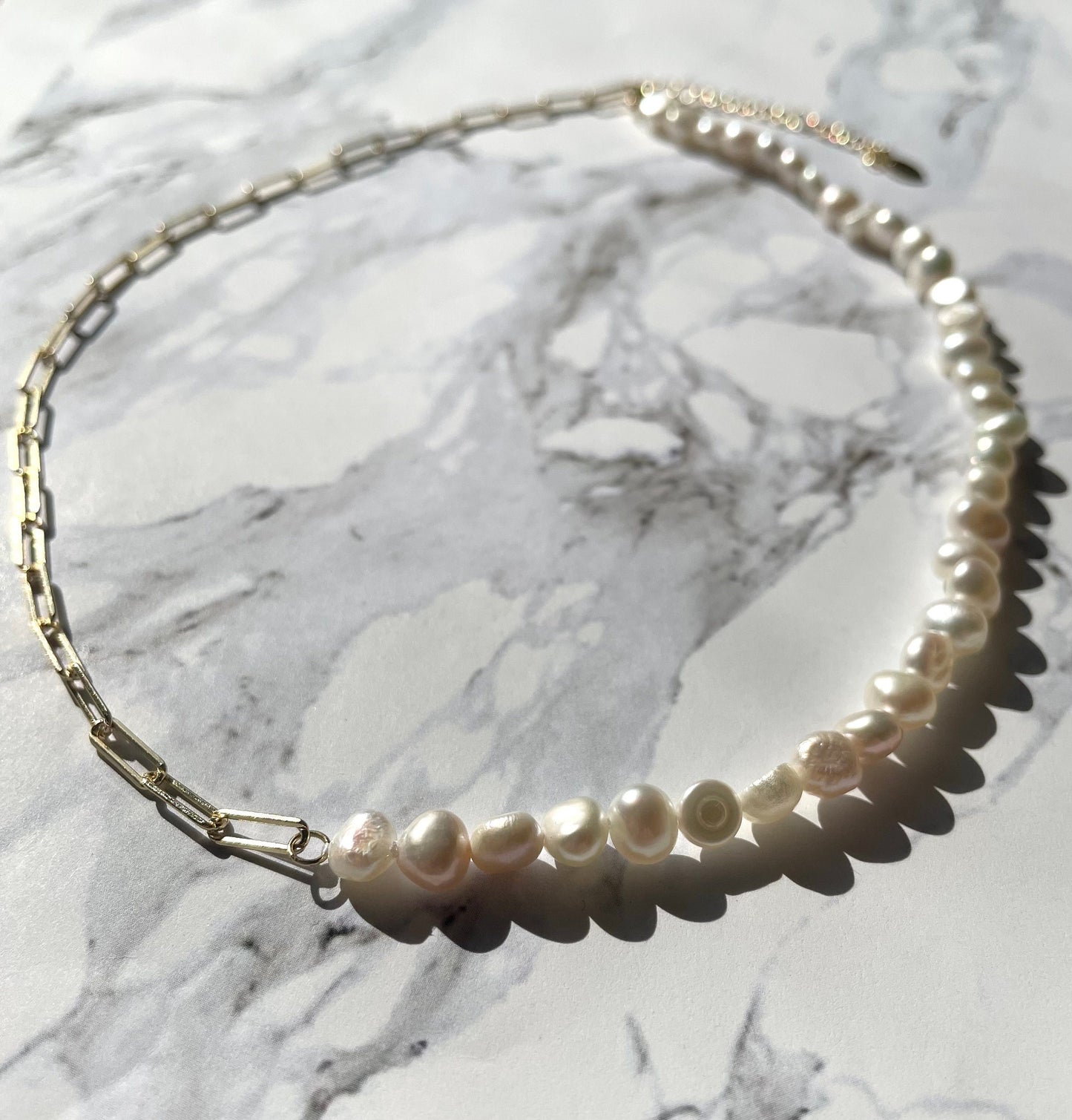 Freshwater Pearl Necklace: 14k Gold Plated Paperclip Chain, Adjustable Choker