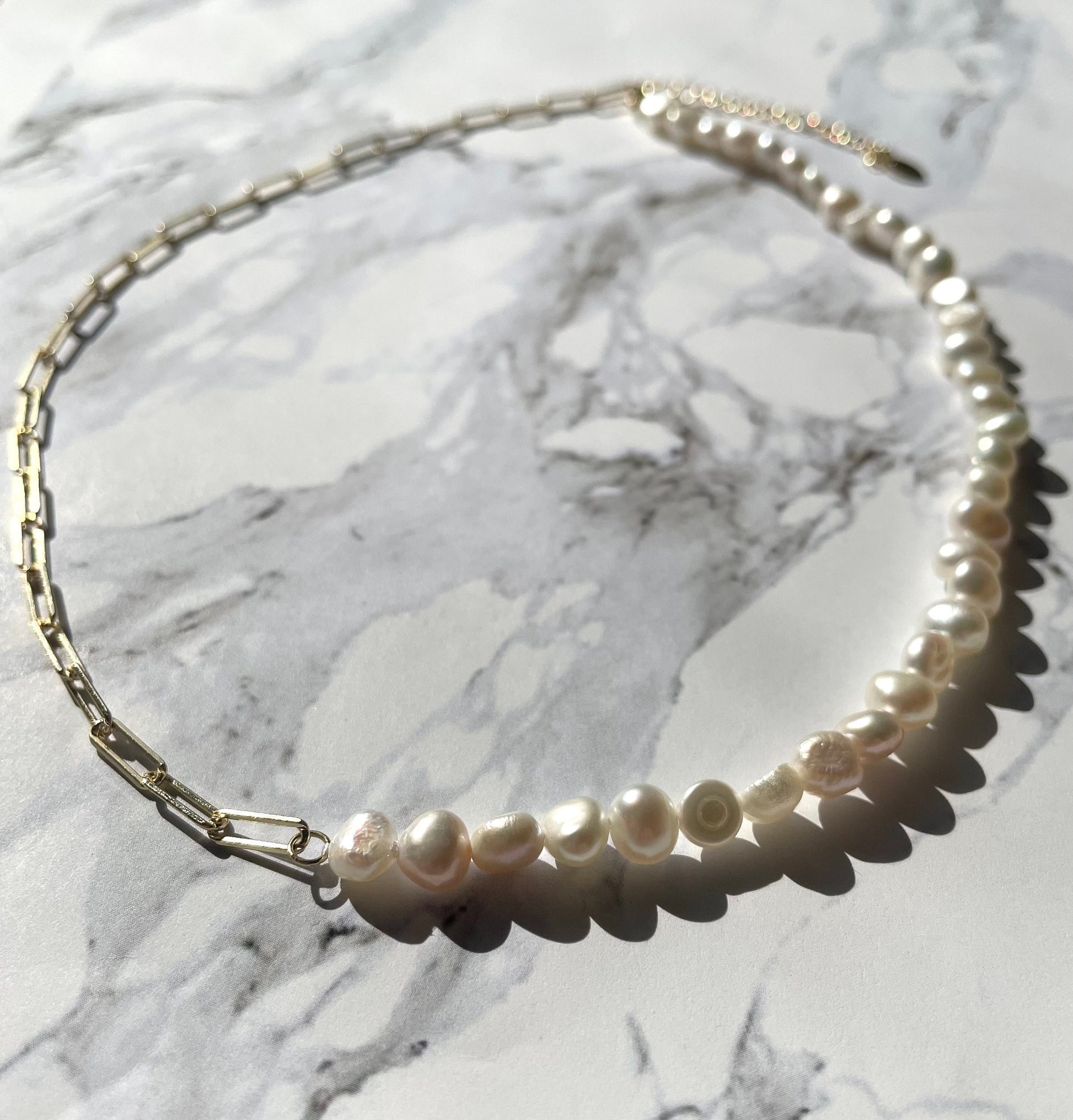 Freshwater Pearl Necklace: 14k Gold Plated Paperclip Chain, Adjustable Choker