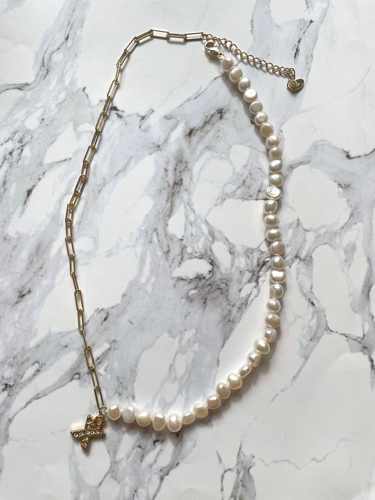 Freshwater Pearl Necklace: 14k Gold Plated Paperclip Chain, Adjustable Choker