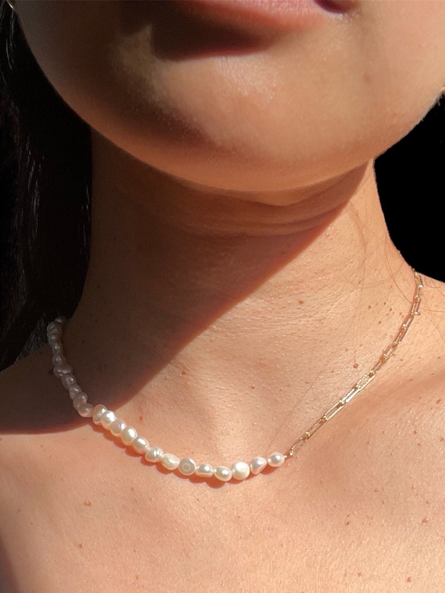 Freshwater Pearl Necklace: 14k Gold Plated Paperclip Chain, Adjustable Choker