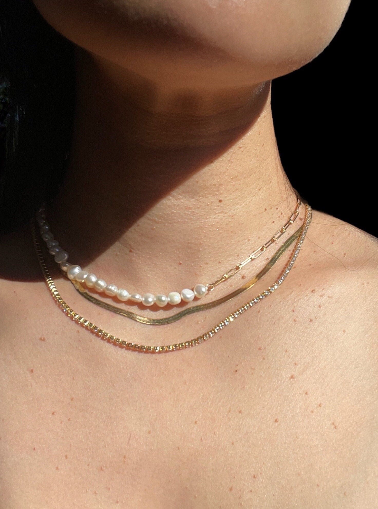 Freshwater Pearl Necklace: 14k Gold Plated Paperclip Chain, Adjustable Choker