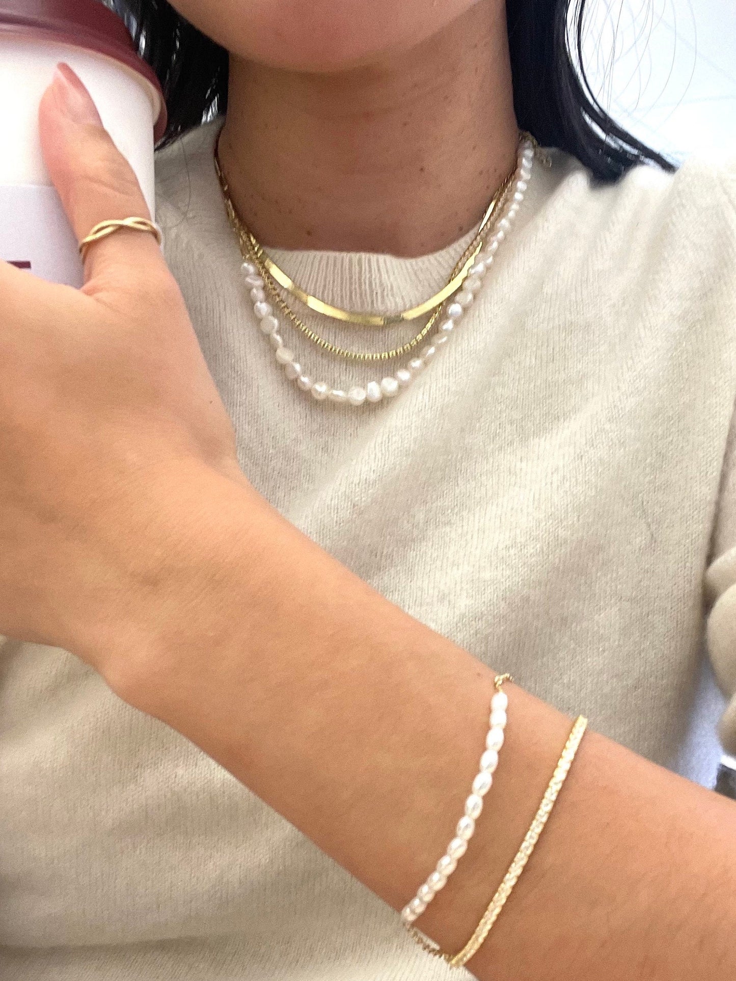 Freshwater Pearl Necklace: 14k Gold Plated Paperclip Chain, Adjustable Choker