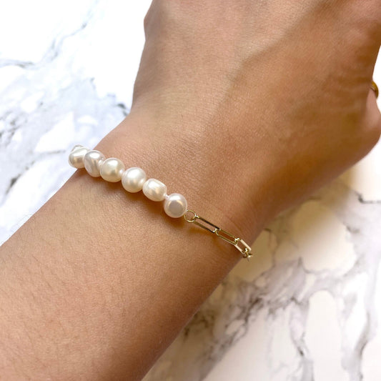 Natural Pearl Bracelet: 14k Gold Sterling Silver Paperclip Chain