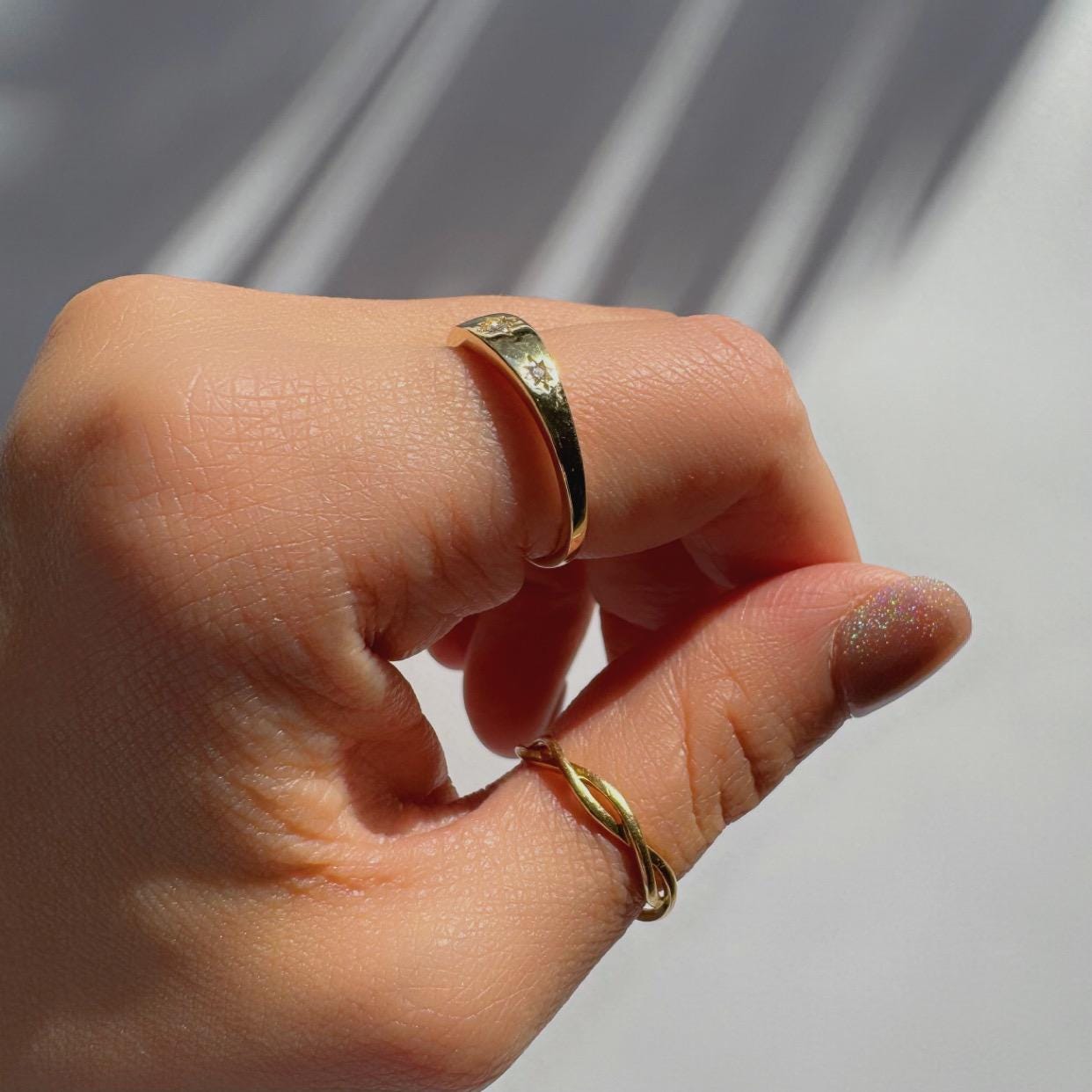14k solid gold celestial ring with 3 natural diamonds gypsy signet ring inspired precious fine jewelry