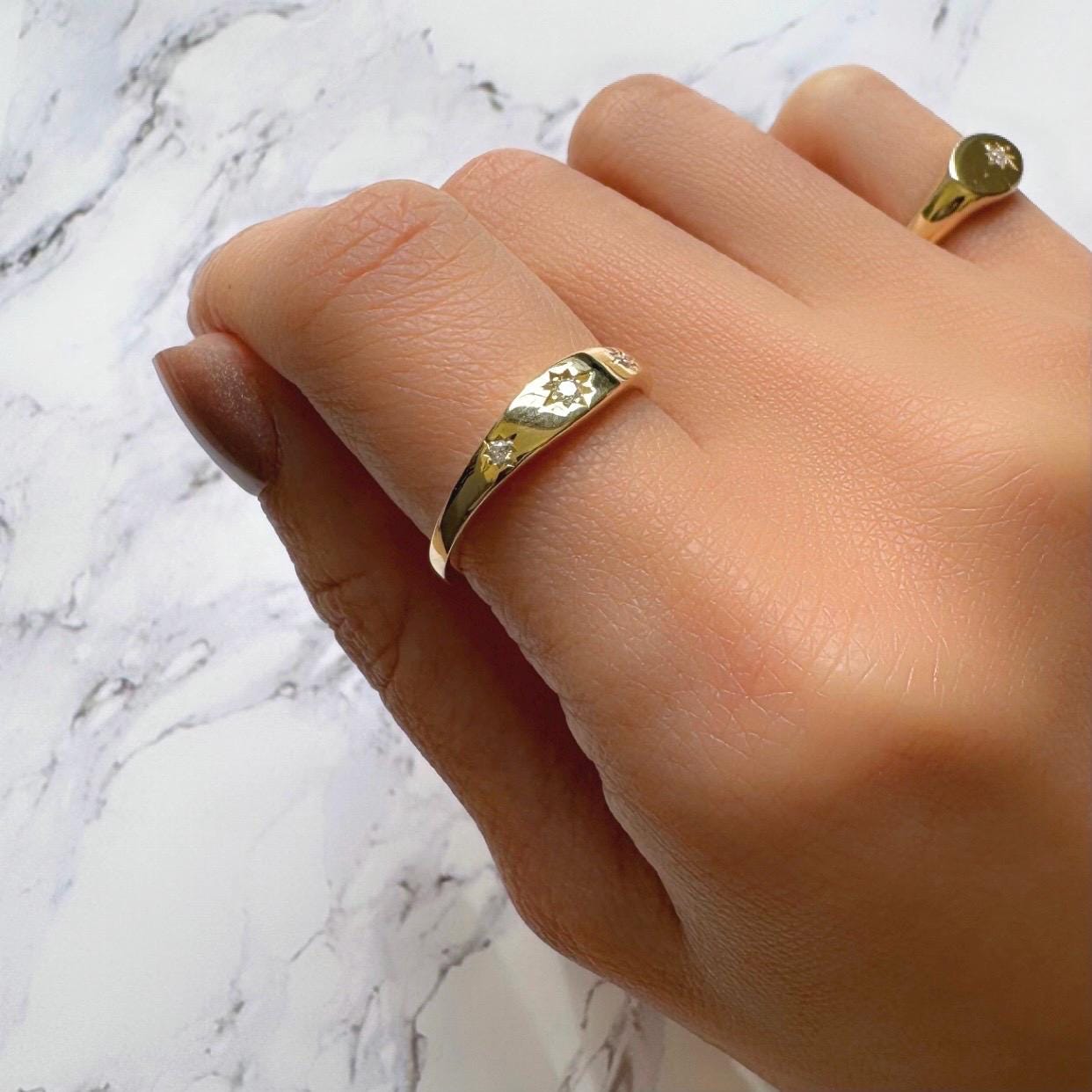 14k solid gold celestial ring with 3 natural diamonds gypsy signet ring inspired precious fine jewelry