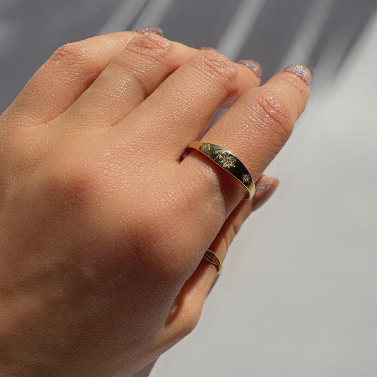 14k solid gold celestial ring with 3 natural diamonds gypsy signet ring inspired precious fine jewelry