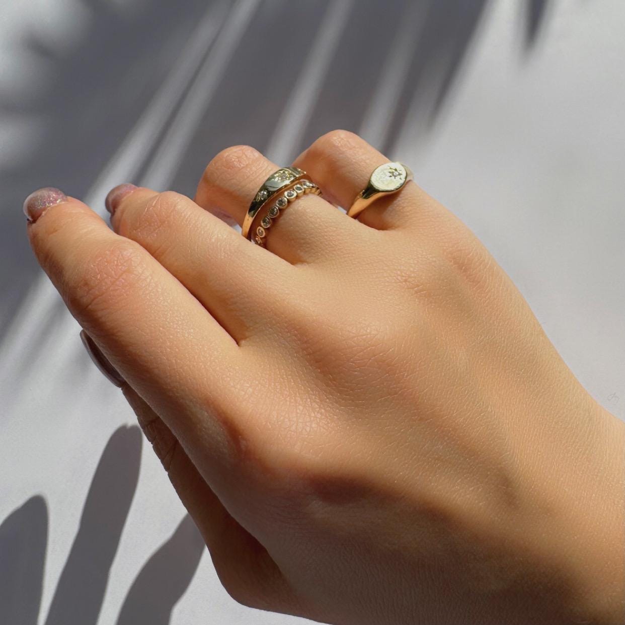 14k solid gold celestial ring with 3 natural diamonds gypsy signet ring inspired precious fine jewelry