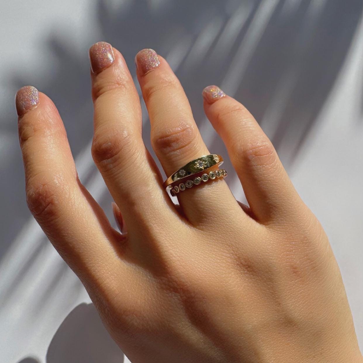 14k solid gold celestial ring with 3 natural diamonds gypsy signet ring inspired precious fine jewelry