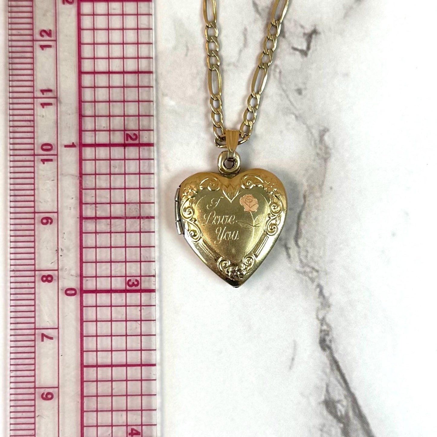 10k solid gold heart locket engraved with I Love You message paired with Figaro chain necklace precious real gold vintage jewelry