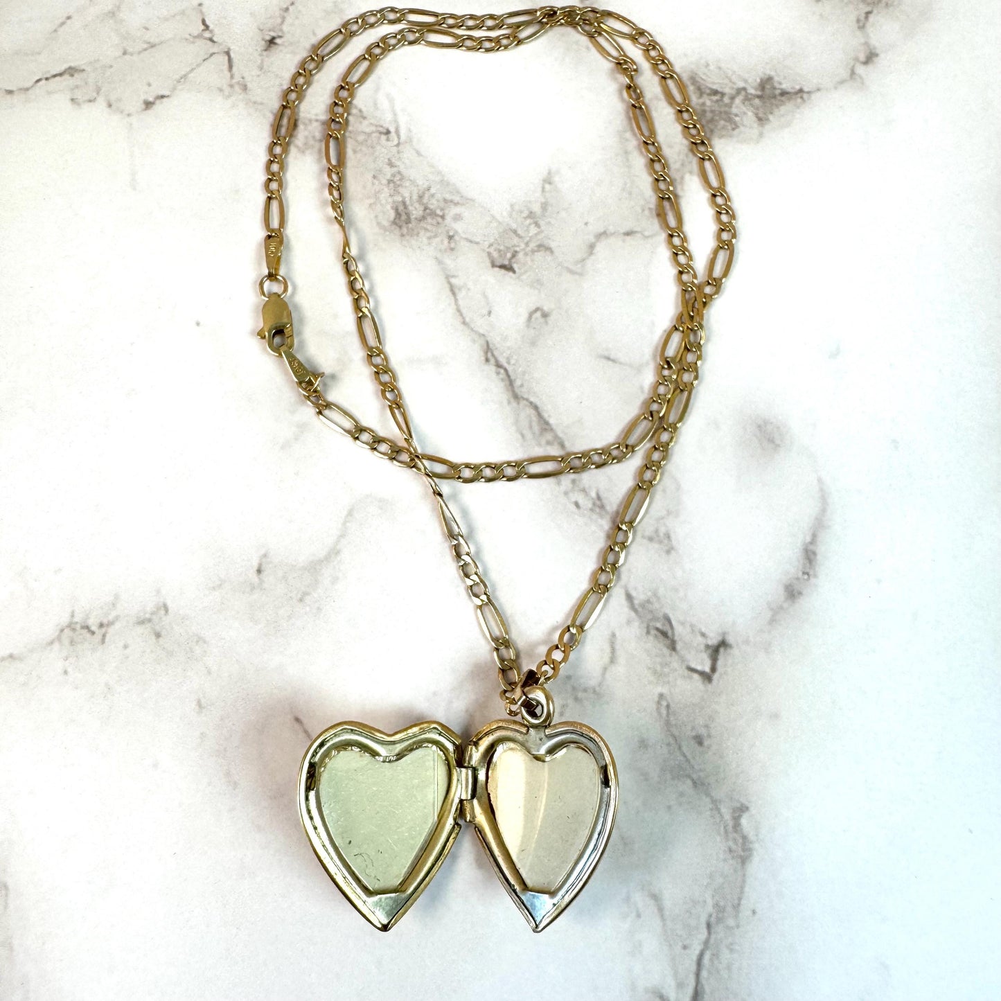 10k solid gold heart locket engraved with I Love You message paired with Figaro chain necklace precious real gold vintage jewelry