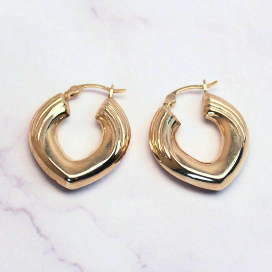 14k Solid Gold Chevron Hoop Earrings: Bold Vintage Jewelry