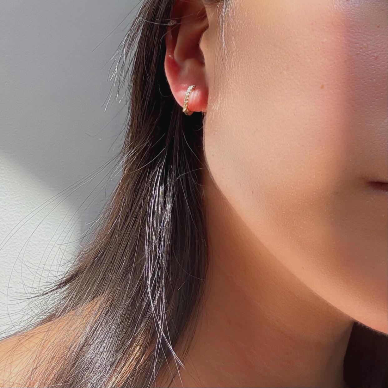 14k Gold Diamond Huggie Nova Hoop Earrings: Dainty Minimalist Jewelry