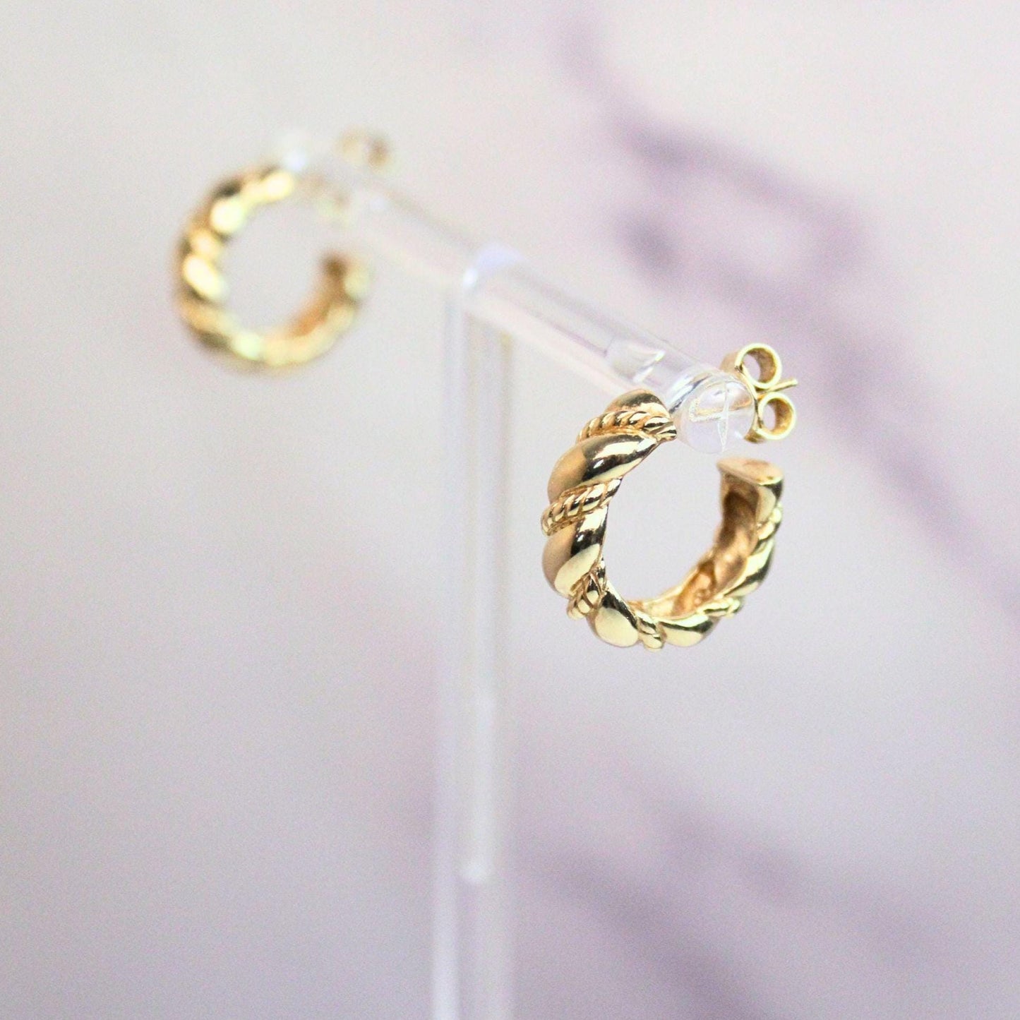 14k Solid Gold Rope Twist Huggie Hoops: Fine Vintage Jewelry