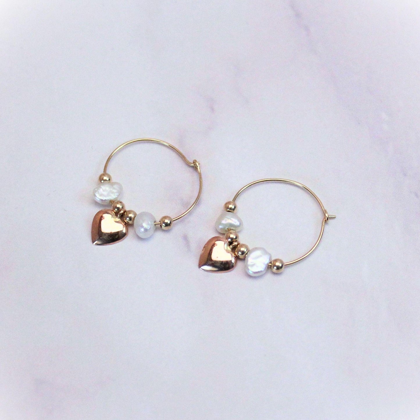 14k Gold Heart Hoop Earrings: Freshwater Pearl Charm Hoops