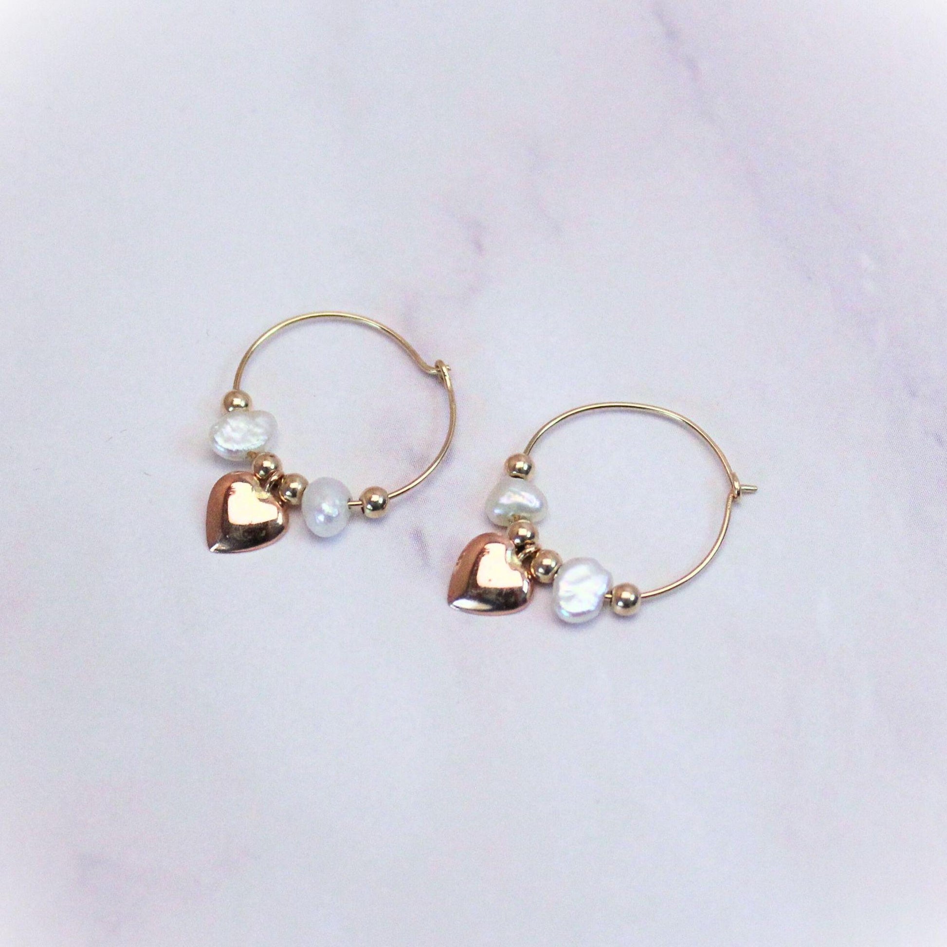 14k Gold Heart Hoop Earrings: Freshwater Pearl Charm Hoops