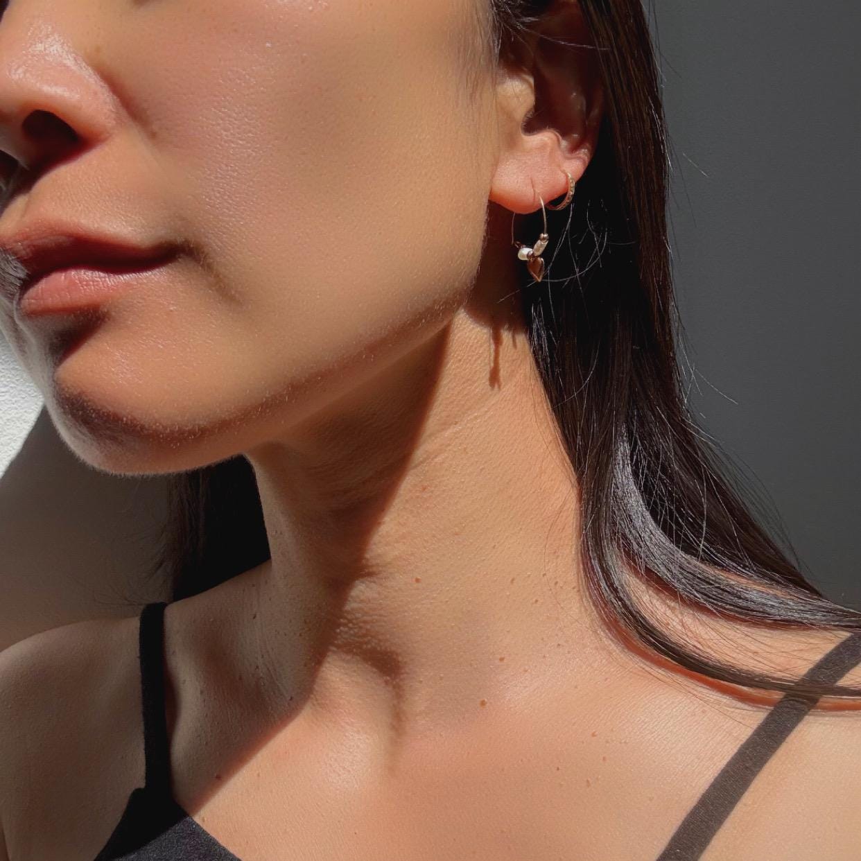 14k Gold Heart Hoop Earrings: Freshwater Pearl Charm Hoops