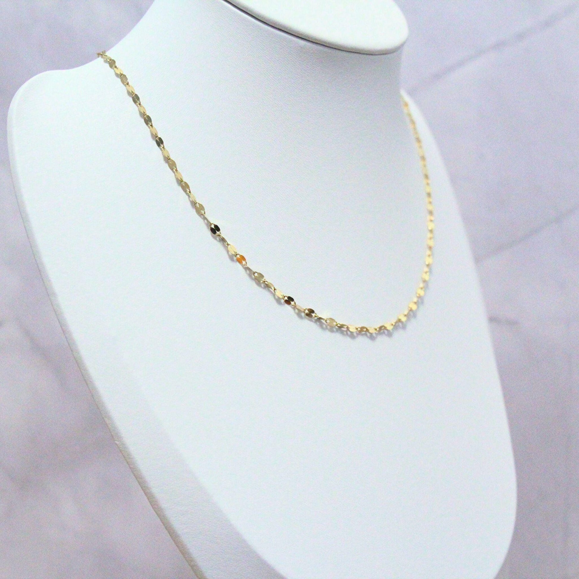 14K Solid Gold Disc Chain Sophie Necklace: Minimalist Sparkle Jewelry