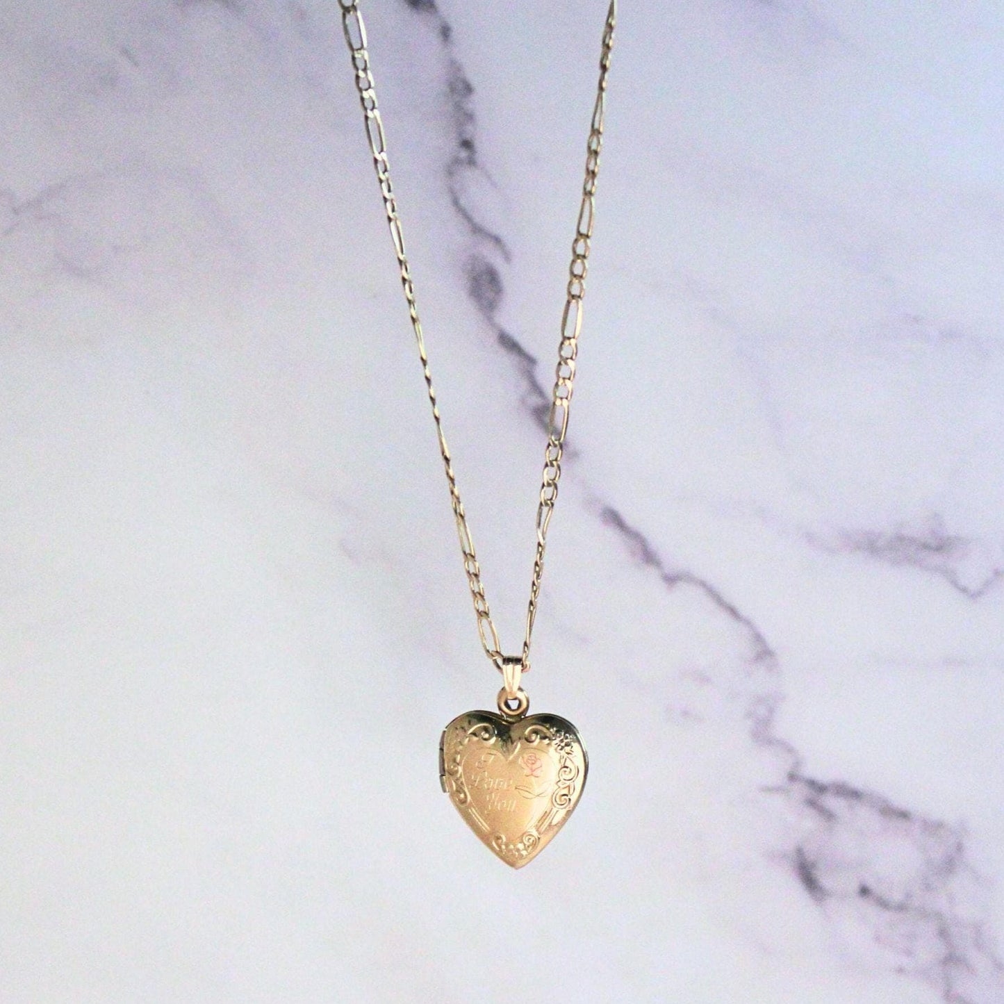 10k solid gold heart locket engraved with I Love You message paired with Figaro chain necklace precious real gold vintage jewelry