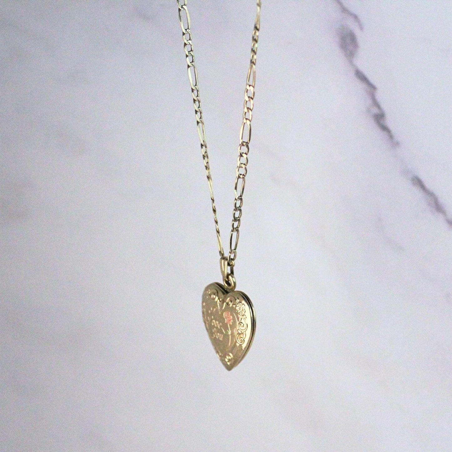 10k solid gold heart locket engraved with I Love You message paired with Figaro chain necklace precious real gold vintage jewelry
