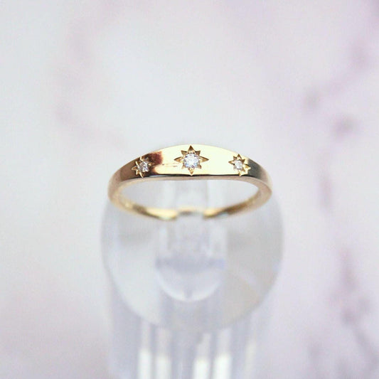 14k solid gold celestial ring with 3 natural diamonds gypsy signet ring inspired precious fine jewelry