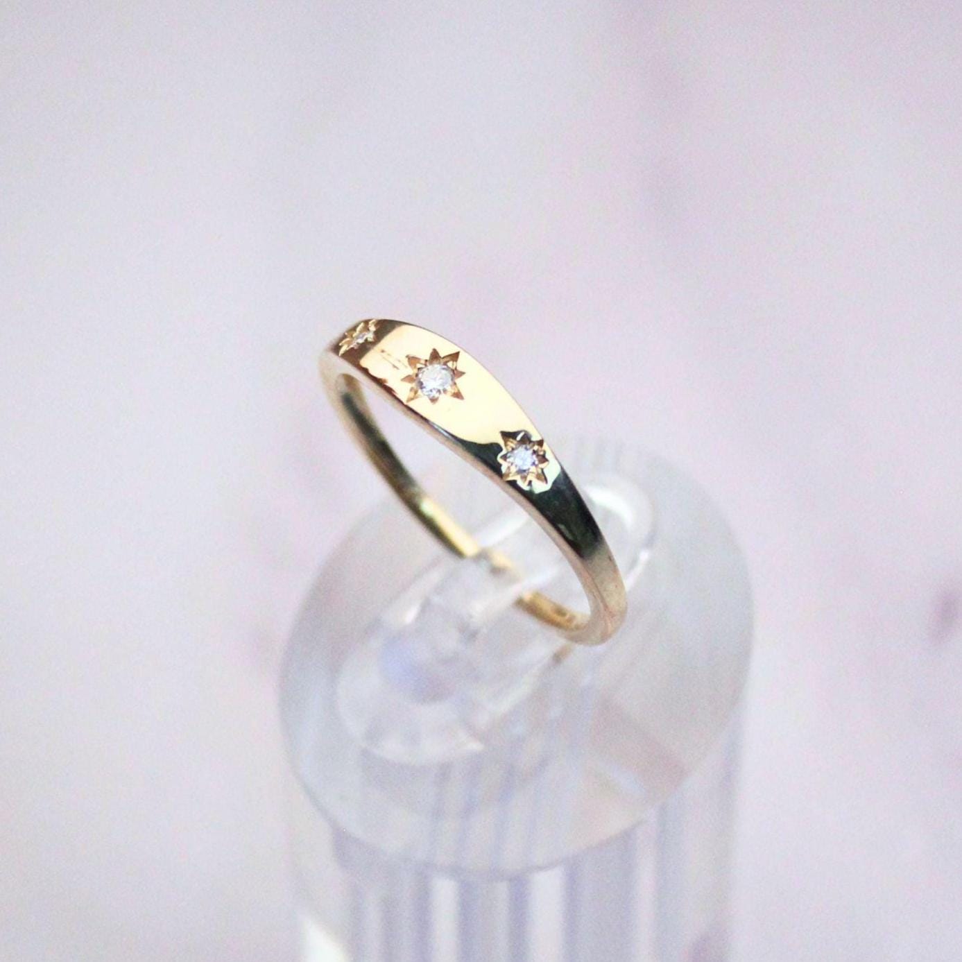14k solid gold celestial ring with 3 natural diamonds gypsy signet ring inspired precious fine jewelry