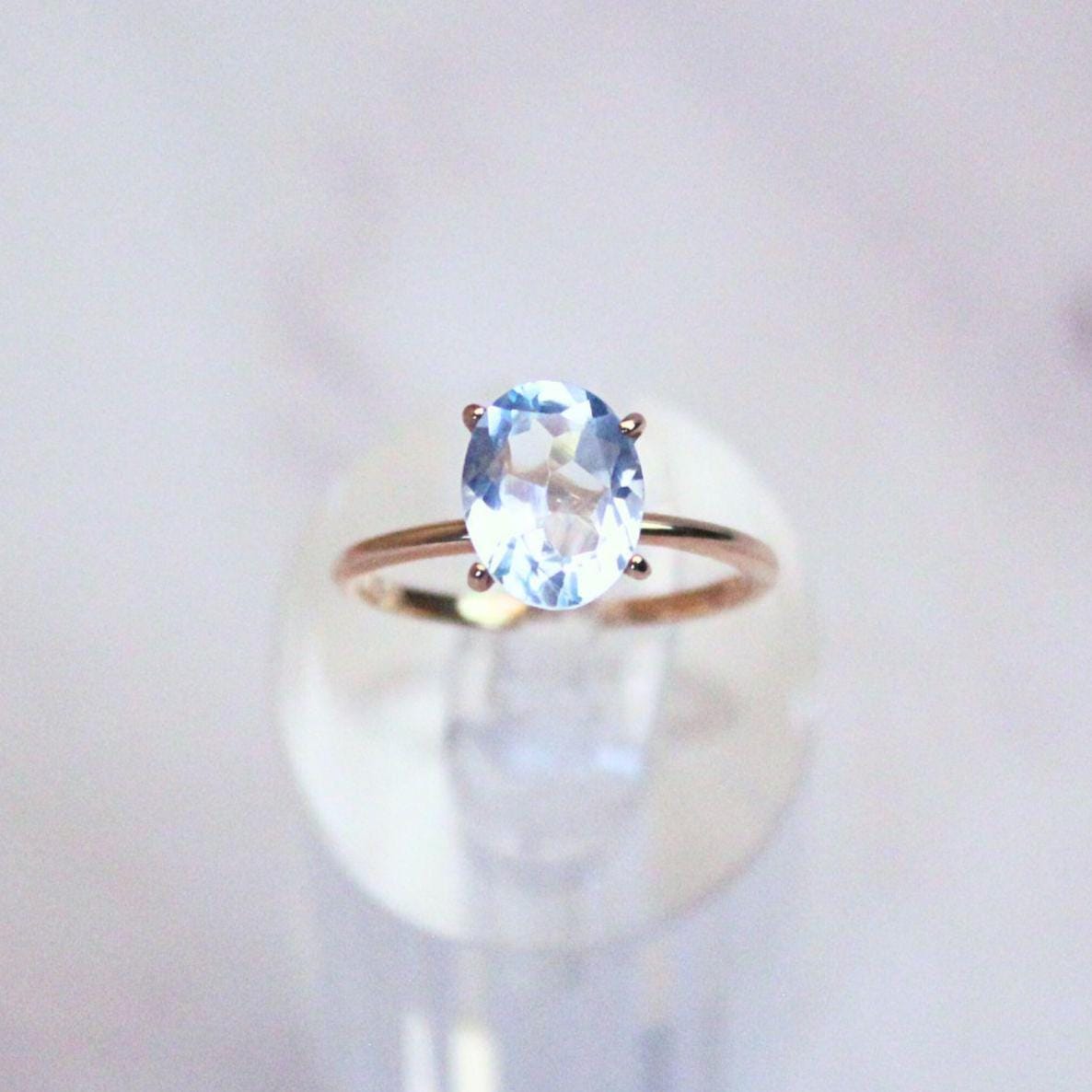 Genuine blue topaz ring with 10k rose gold band stackable ring precious fine jewelry