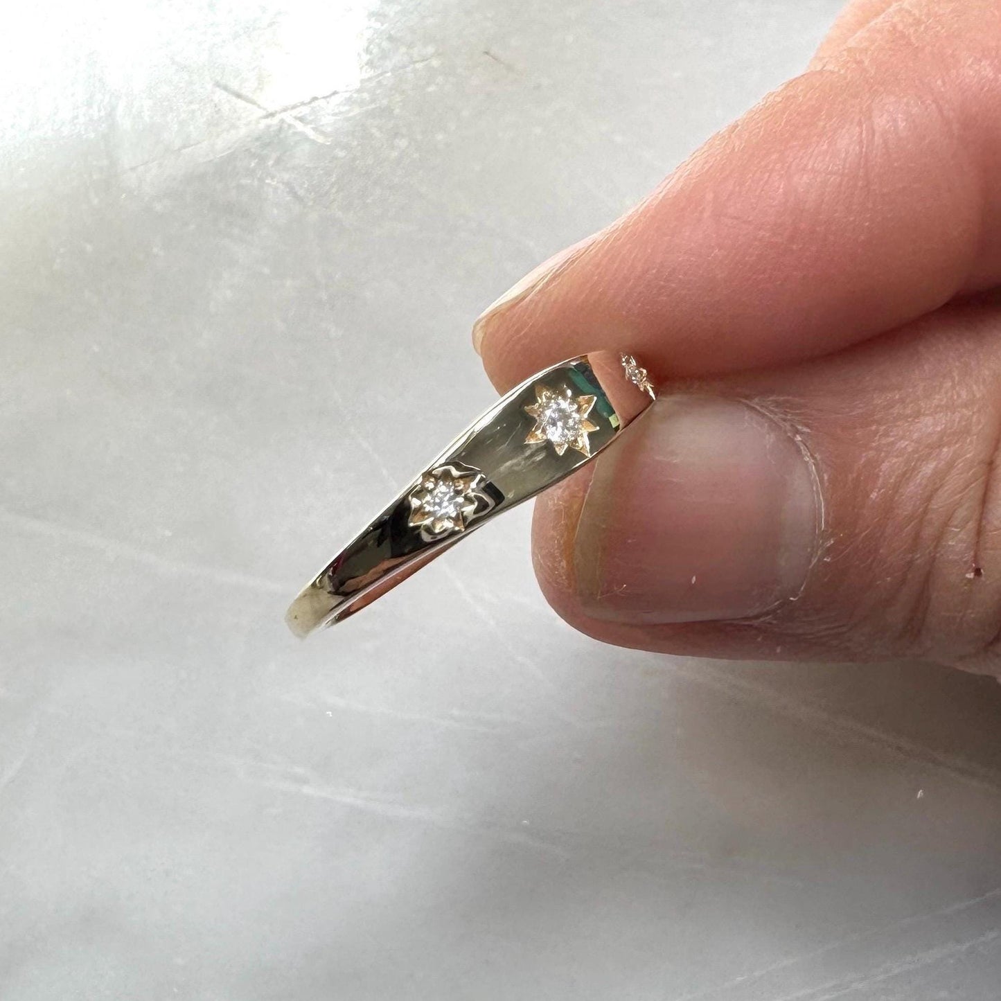 14k solid gold celestial ring with 3 natural diamonds gypsy signet ring inspired precious fine jewelry