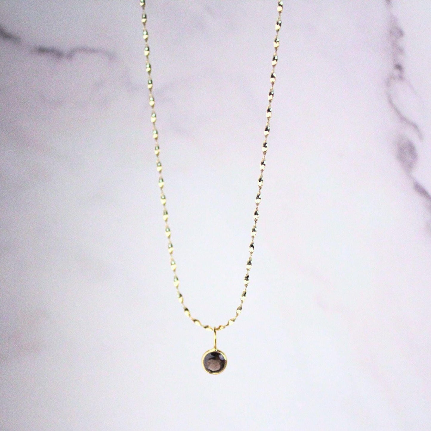 New 14K Solid Gold Lori Necklace with Smoky Quartz Necklace – Minimalist Round Gemstone Pendant - June Birthstone Jewelry