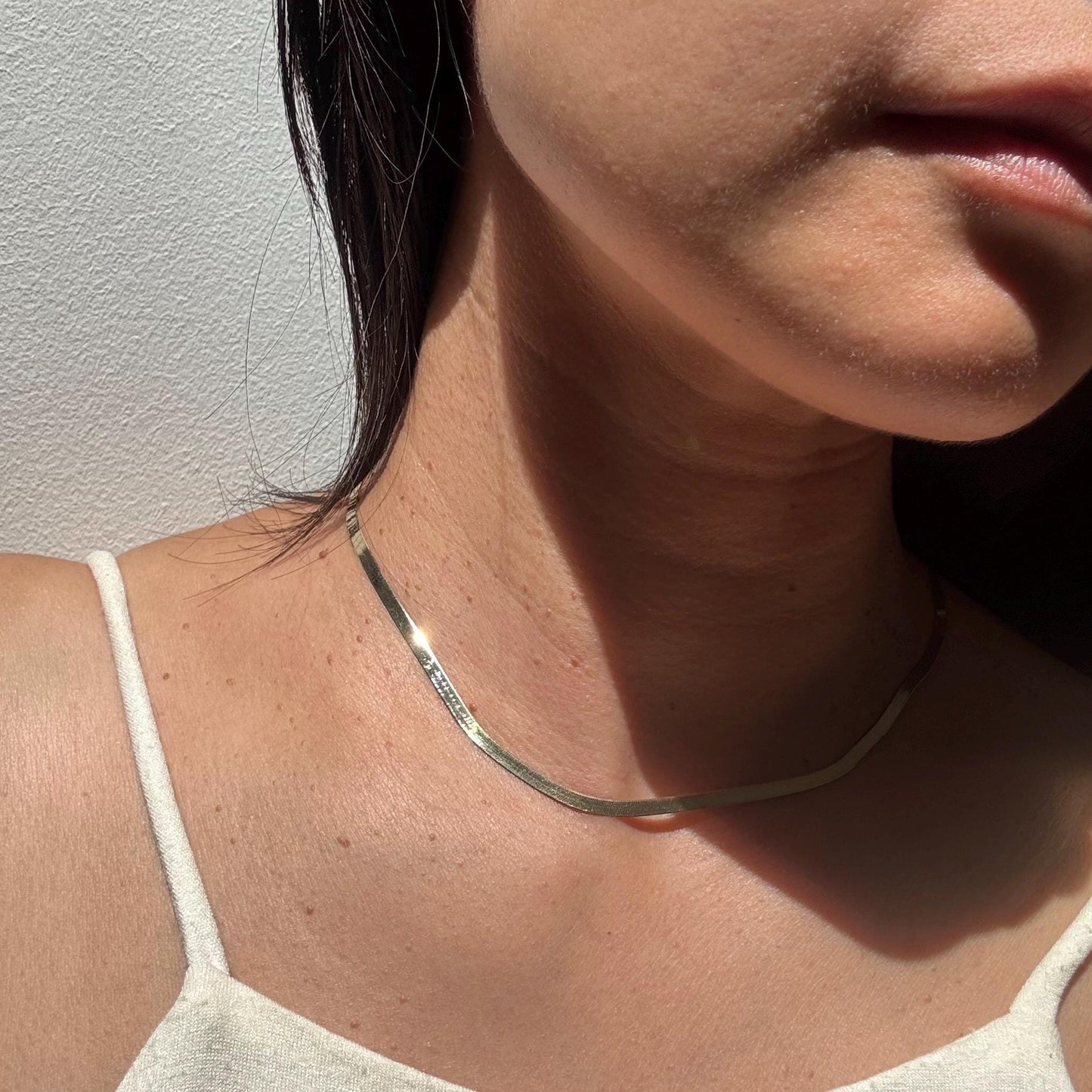 10K Gold Herringbone Chain Oliver Necklace: Shiny Minimalist Chain, 16 Inch