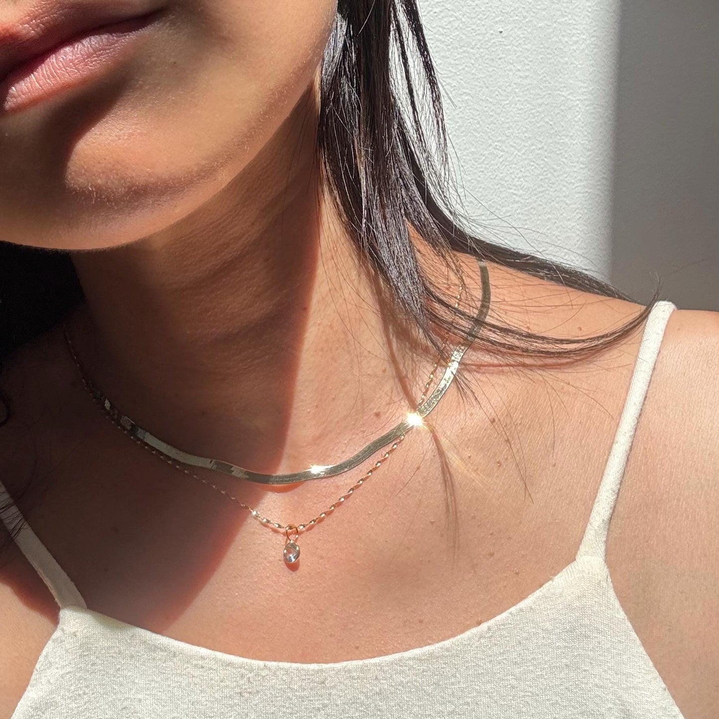 10K Gold Herringbone Chain Oliver Necklace: Shiny Minimalist Chain, 16 Inch