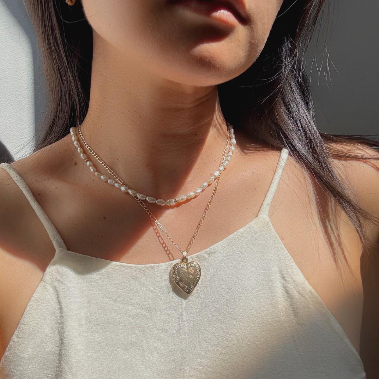 10k solid gold heart locket engraved with I Love You message paired with Figaro chain necklace precious real gold vintage jewelry