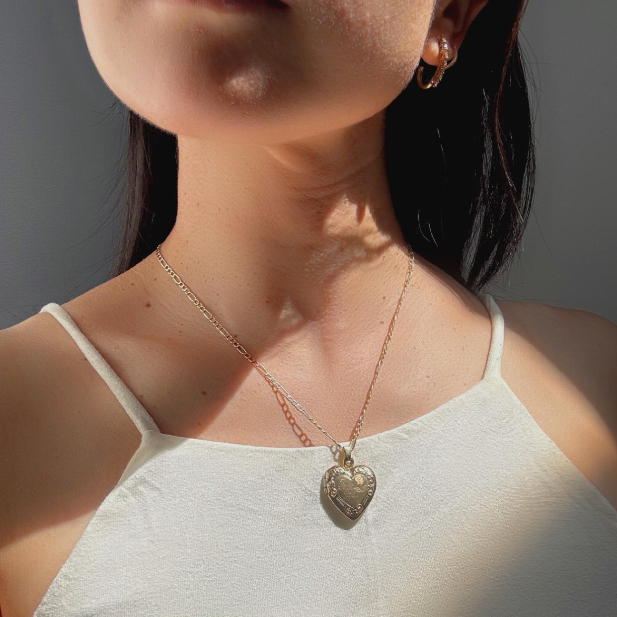 10k solid gold heart locket engraved with I Love You message paired with Figaro chain necklace precious real gold vintage jewelry